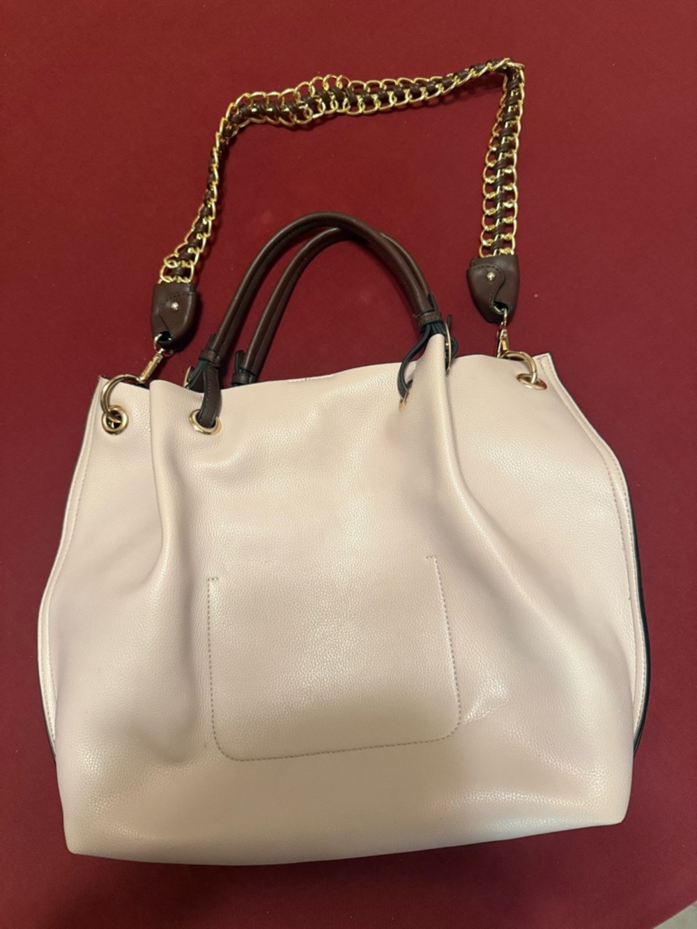 Women's Faux  Leather Tote Bag in Cream with Dark brown Accent & Chain Strap
